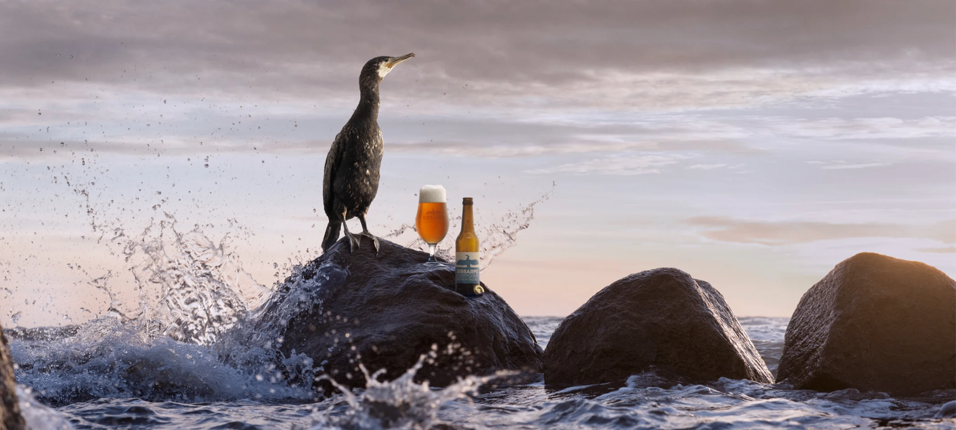 Skarv vid Öresund med en flaska och ett glas Sibbarps Husbryggeri-öl på en sjösten medan vågorna slår in