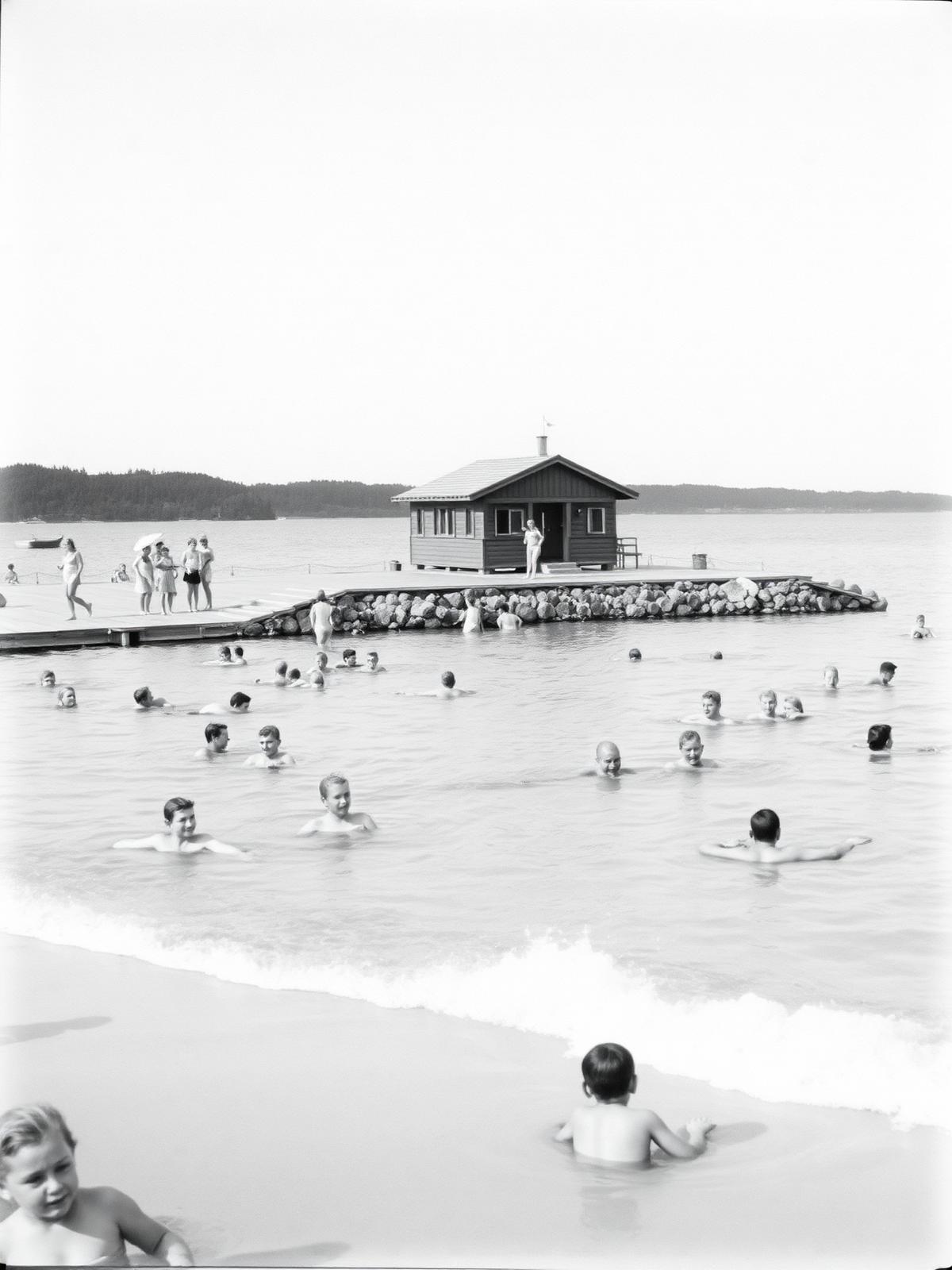 Arkivfotografi av badande vid Sibbarp på 1950-talet